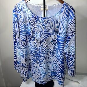 Alfred Dunner Blue and White Patterned Blouse